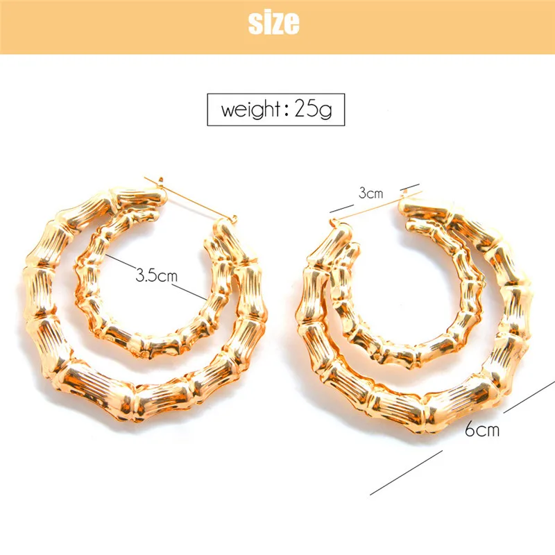 Женские массивные серьги кольца золотистые большие круглые из бамбука в стиле