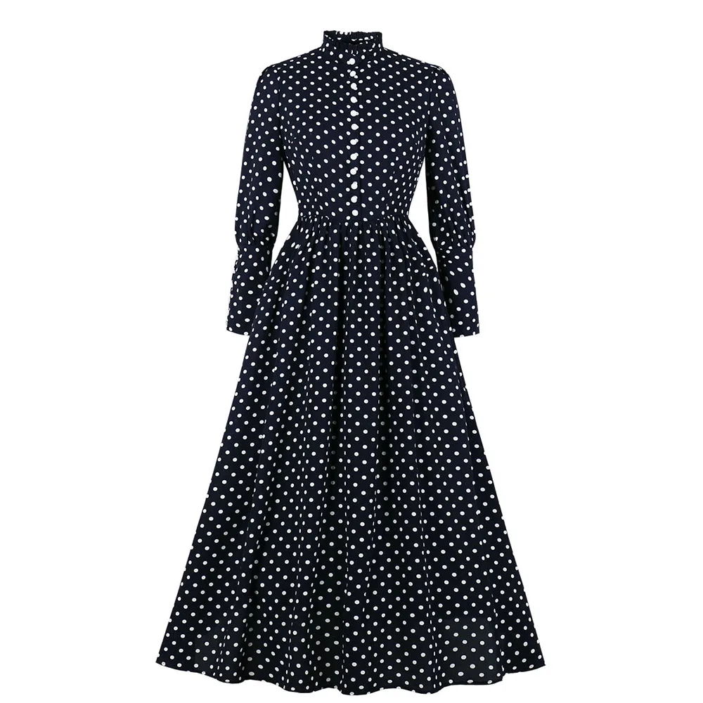 Женское платье в горошек черное ТРАПЕЦИЕВИДНОЕ ПЛАТЬЕ до щиколотки с воротником