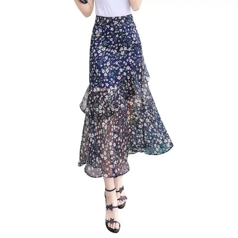 

Spring Summer 2021 Beach Chiffon Wrap Long Skirts Slit Elegant Vintage Floral Print High Waist Skirt Femme Y883