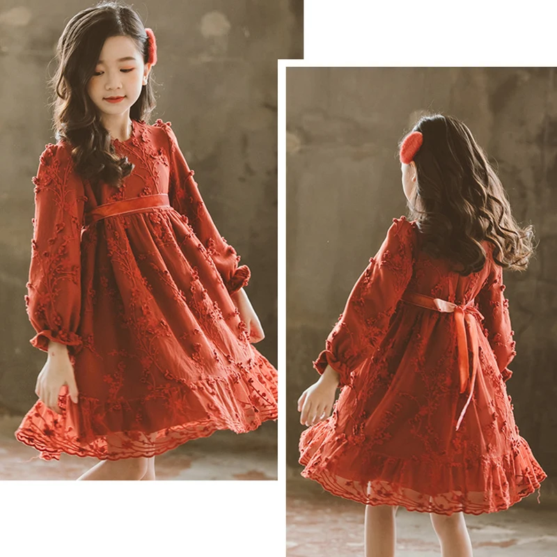 

Red Toddler Girls Lace Dress Kids Mesh Wedding Dresses Children Clothing for Teens Girls Christmas Outfits Girls Autumn Clothes