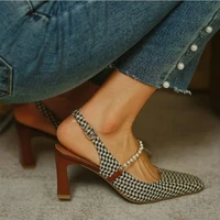 2021 retro one line shoes with thick high heels square head pearl sandals female xia baotou thousand bird lattice ha803