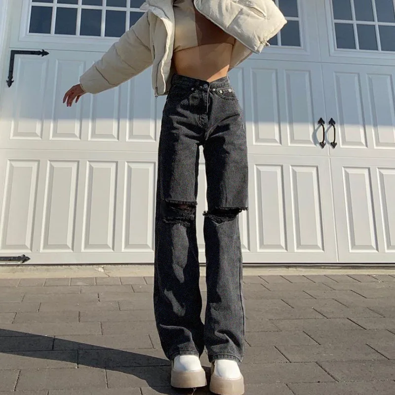 

2021 High Waist Jeans Women Straight Leg Loose Jean Pants Casual Wash Denim Trousers Fashion Streetwear Baggy Pants