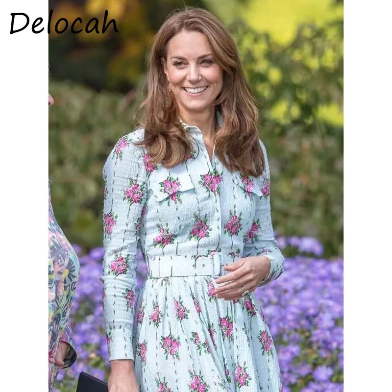 

Delocah Women Summer Fashion Designer Party A-Line Dress Sashes Pockets Lantern Sleeve Floral Print Ladies Midi Dresses vestidos