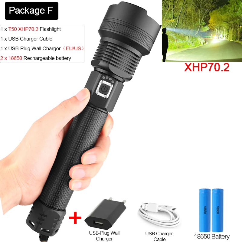 Package F Мощный светодиодный фонарь XHP70.2 светодиодный фонарь с зарядкой от USB XHP50 светодиодный фонарь с приближением и батареей 18650 - Испускаемый цвет: Package F