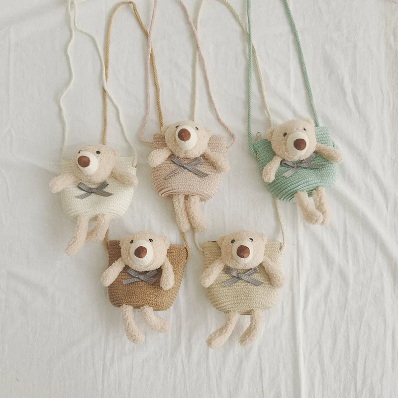 

Cute Bear Girl's Shoulder Bags Colorful Straw Children's Messenger Bag Princess Mini Bow Handbag Crossbody Child Girl Coin Purse