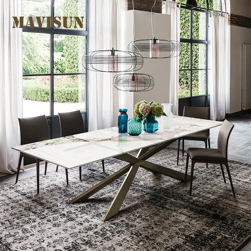 Italian Custom Light Luxury Rock Board Dining Table And Chair Combination Modern Simple Rectangular Large Villa Set | Мебель