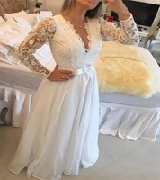 modest elegant long sleeve a line evening dresses lace floor length sexy v neck white pearls prom party gowns robe de soriee