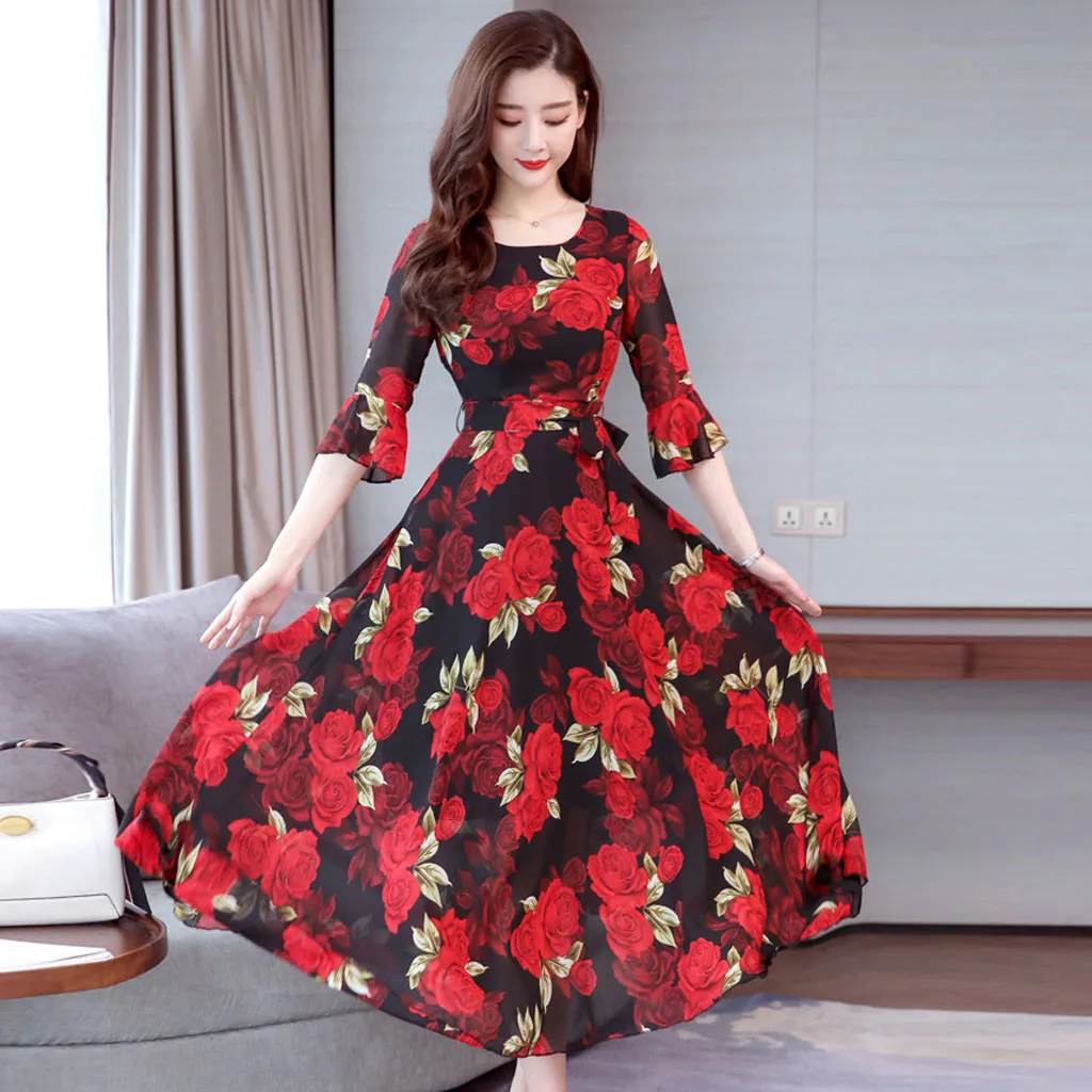 Осенние женские платья с длинным рукавом Пляжное длинное платье принтом