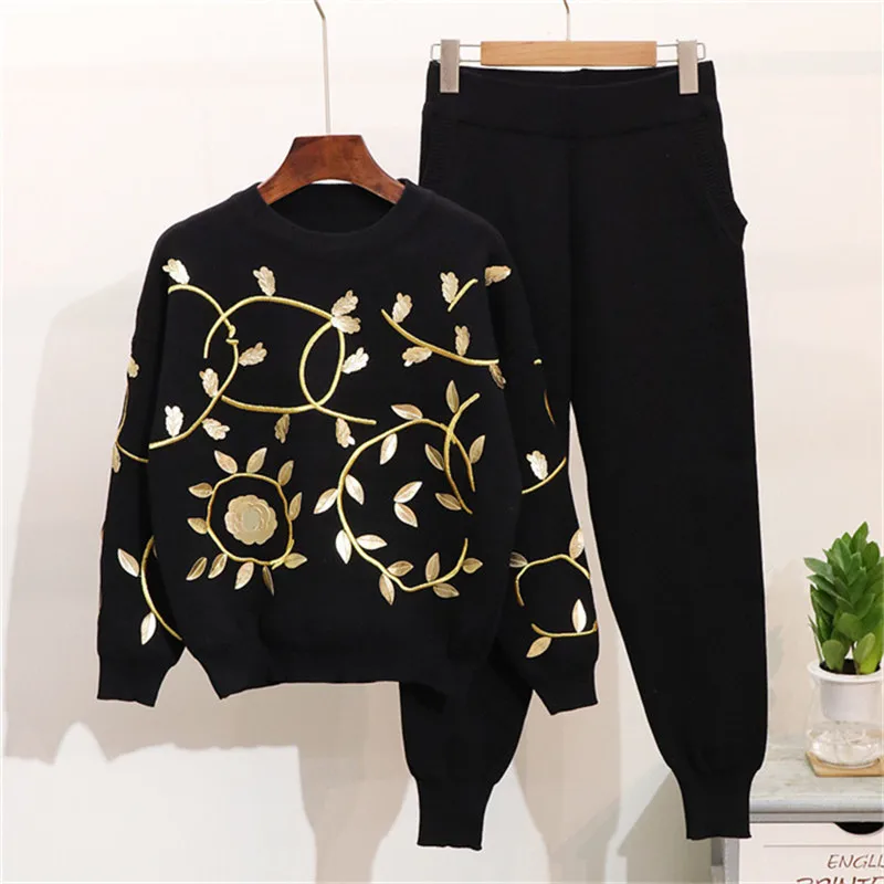 autumn winter Embroidered gold leaf flower casual Knitted warm O Neck Sweater + Harem pants loose style two-piece set women knit