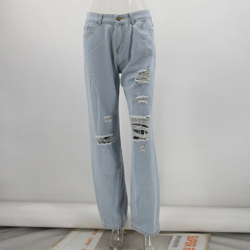 

Wide Leg Denim Trousers Streetwear Female Casual High Waist All-match Pant Women's Hole Jeans Solid Ripped Vintage Fashion Loose