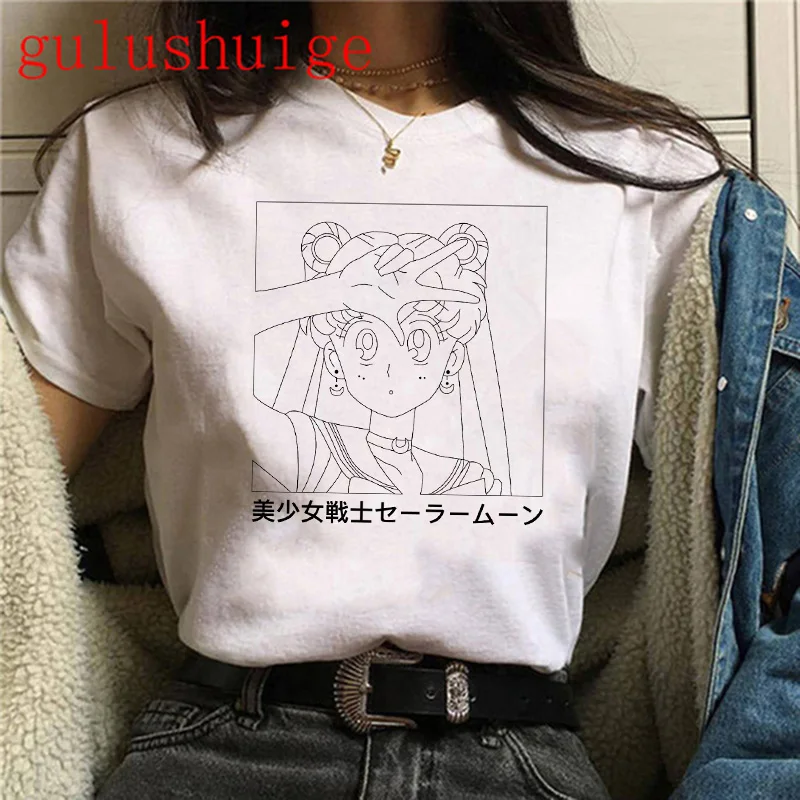 В морском стиле Футболка Harajuku одежда футболка эстетическое Кот аниме Женская