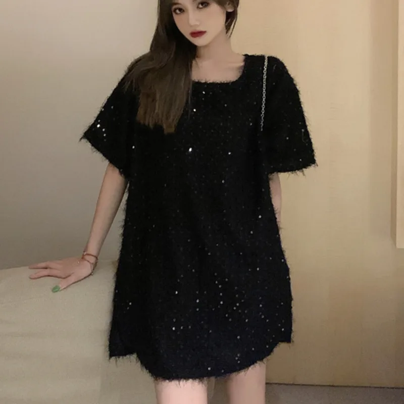 

2021 Plus Size Long T Shirts Spring Women Medium Length Loose Sequin Shiny T-shirt Solid Short Sleeve Super Fairy Design T-shirt