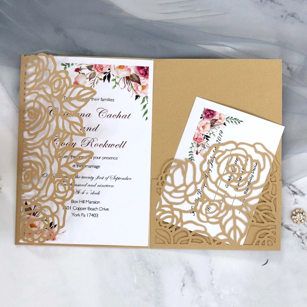 10Pcs/Pack Tri-fold Laser Hollow Plane Rose Dark Blue / White Red Beige Gold Pocket Wedding Business Invitation Cards | Дом и сад