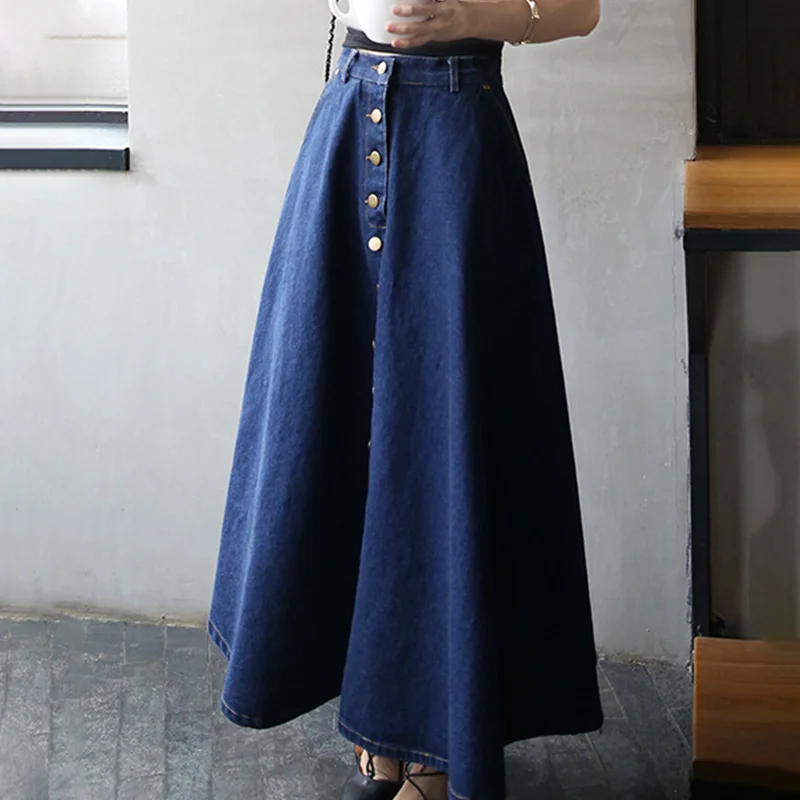 Dark blue Джинсовые женские длинные джинсовые юбки с высокой талией, Харадзюку, трапециевидная Женская юбка в винтажном стиле, весна-осень, длина по щиколотку, однобортный низ - Цвет: Dark blue