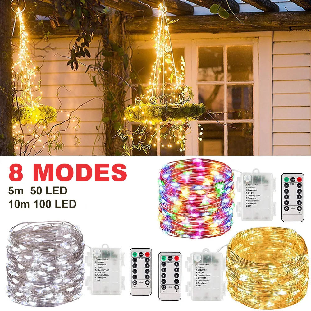 

Outdoor LED String Lights Remote Control Copper Wire Battery Powered 8 Modes Fairy Garland Christmas New Year Decoration