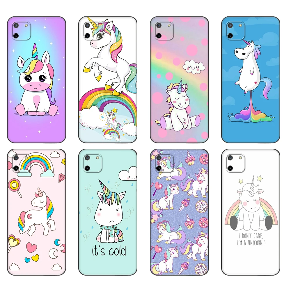 Черный чехол ТПУ для OPPO Realme C11 C20 C21 задняя крышка бампер симпатичный единорог