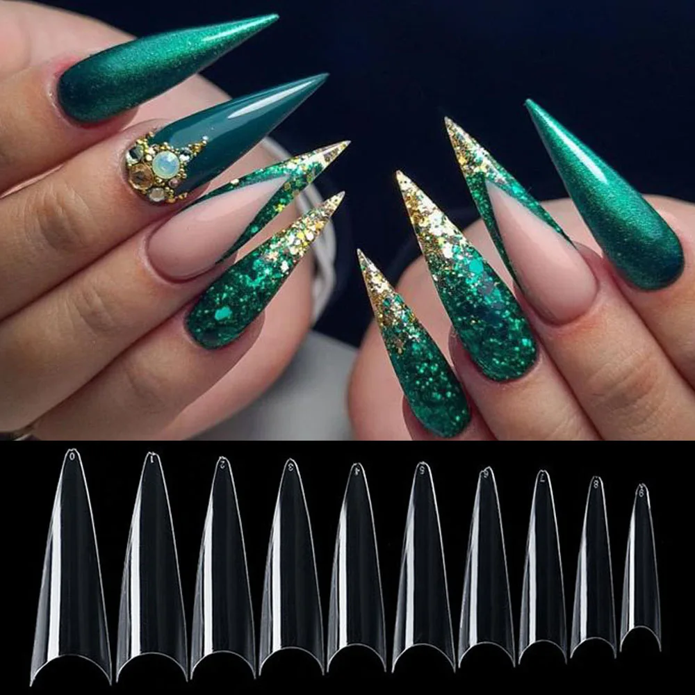 

600pcs/Bag XXL Long Stiletto False Nails Acrylic Salon Half Cover Clear/Natural Thin Flexible Fake Nails 10 Sizes Nail Art Tips