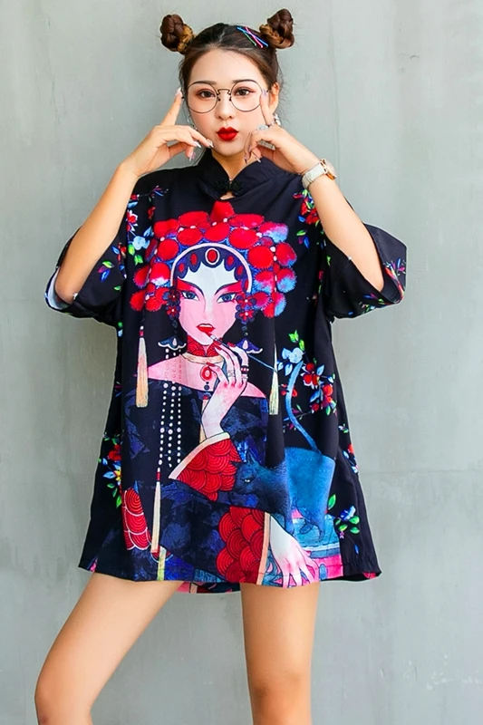 

Ladies short-sleeved T-shirt cheongsam young Chinese style girl fashion T-shirt fat mm large size ethnic women's dress