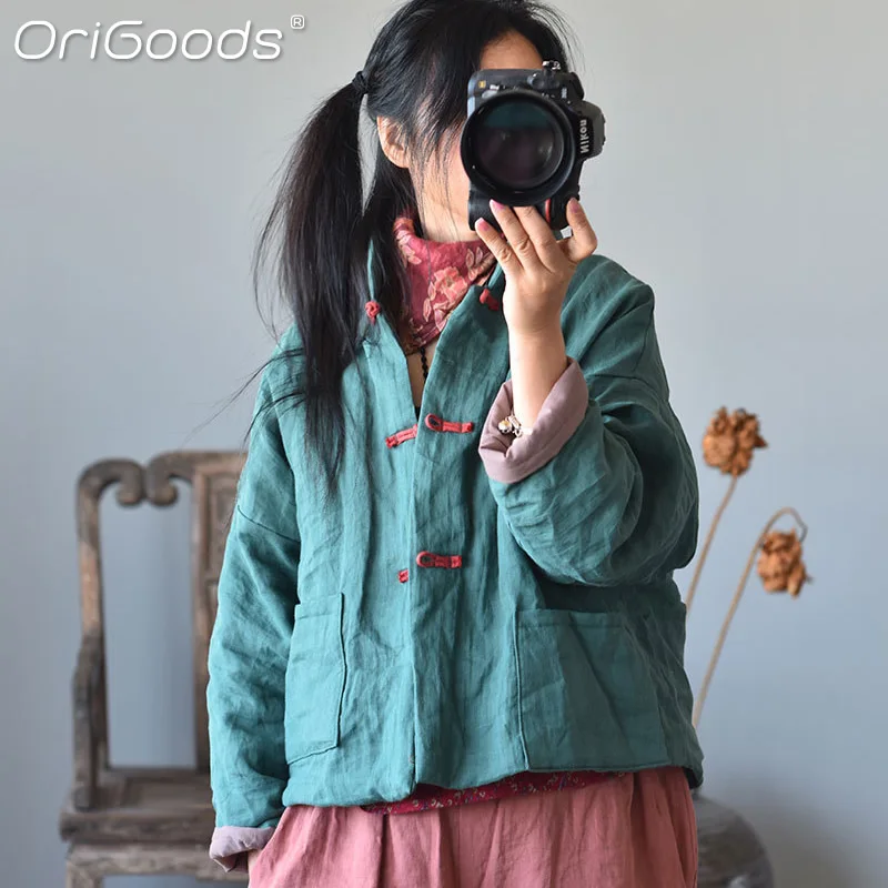 

OriGoods Winter Women Short Coats Chinese Style Thick Warm Jackets Cotton Padded Quilted Loose Winter Outerwear Coat F022