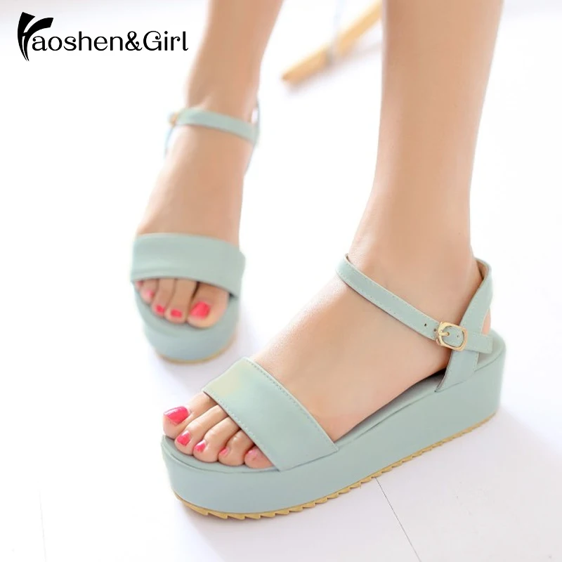 Haoshen& Girl/летние туфли, размеры 30-50 женские сандалии милые сандалии для девочек на платформе с ремешком на щиколотке туфли на плоской подошве с открытым носком обувь g1893