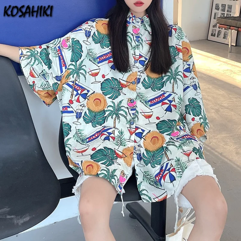 

KOSAHIKI Безразмерные женские Блузка хараджуку летняя футболка с коротким рукавом, на пуговицах; Верхняя одежда; Уличная Женская Цветочный при...