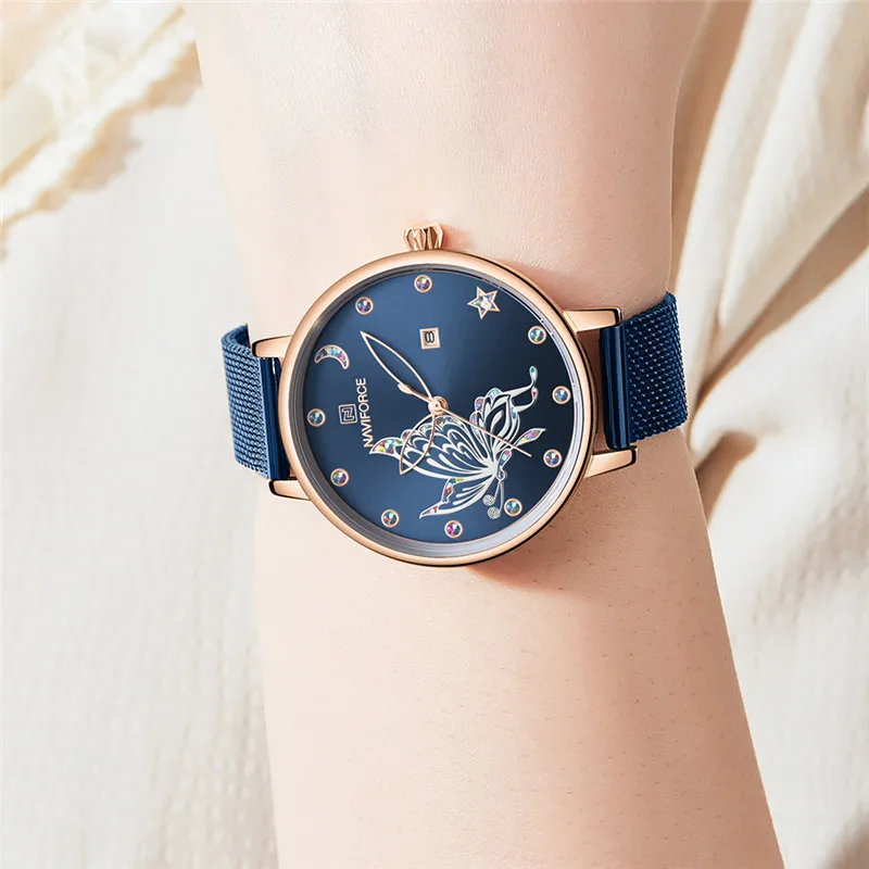 NAVIFORCE женские часы люксовый бренд Бабочка модные кварцевые из нержавеющей стали