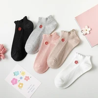 womens embroidery red flowers boat socks summer soft pure cotton breathable fungus lace stripe non slip short ankle socks