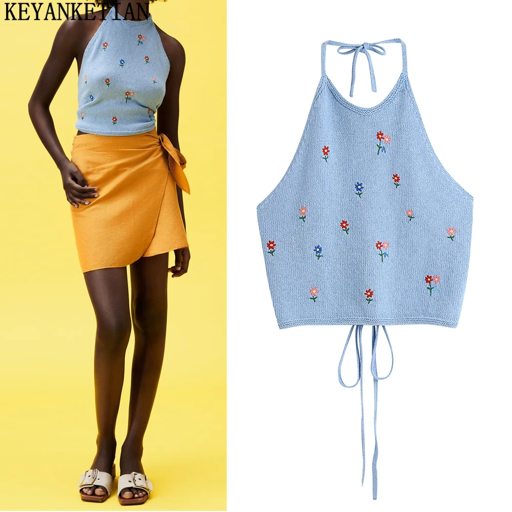 

Женский трикотажный жилет KEYANKETIAN Za, в стиле ретро, с цветочной вышивкой, на бретельках, 2021