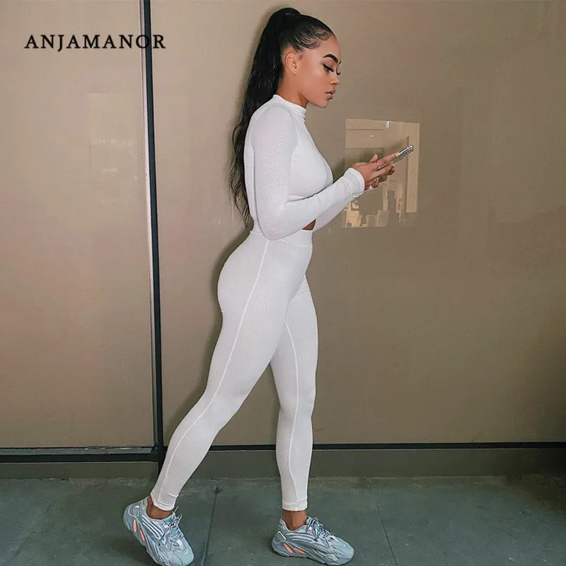 

ANJAMANOR 2 Piece Set Women Fall Winter Clothes 2020 Long Sleeve Crop Top Pants Sporty Ladies Tracksuit Matching Sets D70-CB29