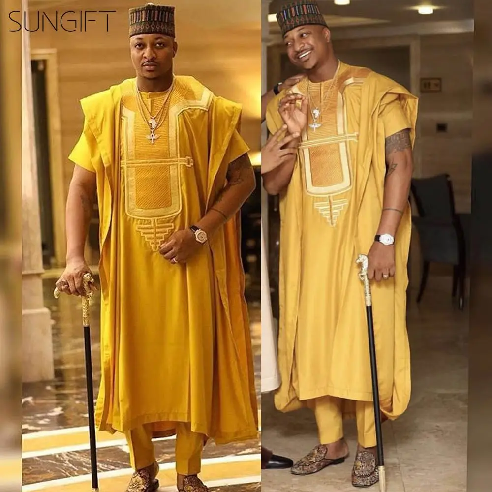 SUNGIFT Мужской Топ Agbada с коротким рукавом и брюки в африканском стиле желтая