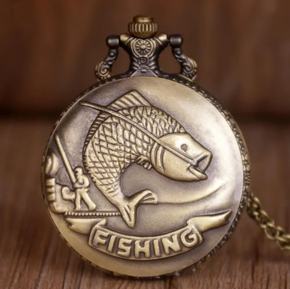 

High Quality Vintage Gifts Fish Pattern Pocket Watch Quart Chain Necklace Bronze Full Hunter for Men Women TD2033