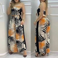 spring summer ladies sexy one piece sleeveless tube top tropical print bandeau wide leg long pants jumpsuit vacation