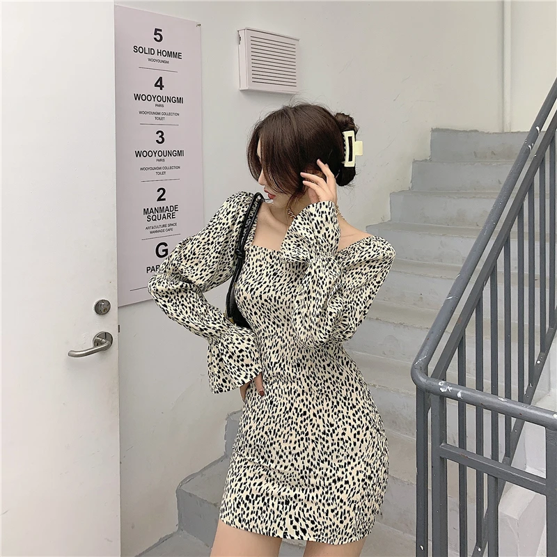 Woherb весеннее женское леопардовое мини-платье ретро французское облегающее