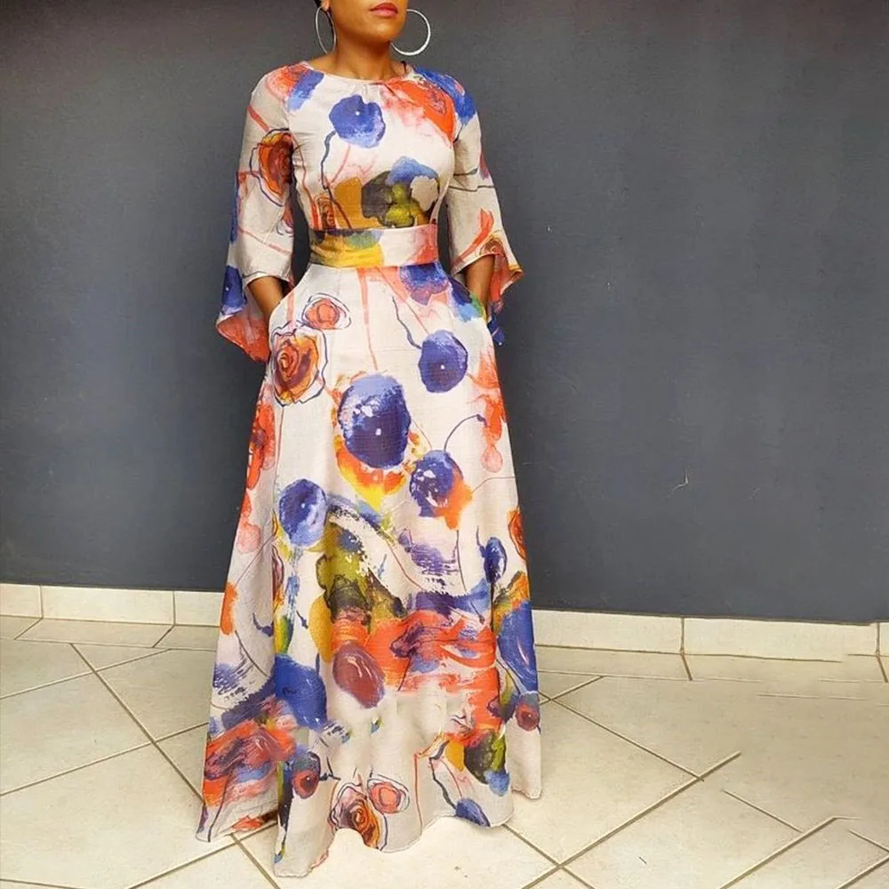 

2021 Autumn Winter New Womens Dress Fashion Temperament Printing Commute Round Neck Long Sleeve African Ladies Dress
