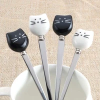 new cute cartoon spoon fork for children stainless steel ceramic spoon tableware cat animal white black kids tableware 1piece