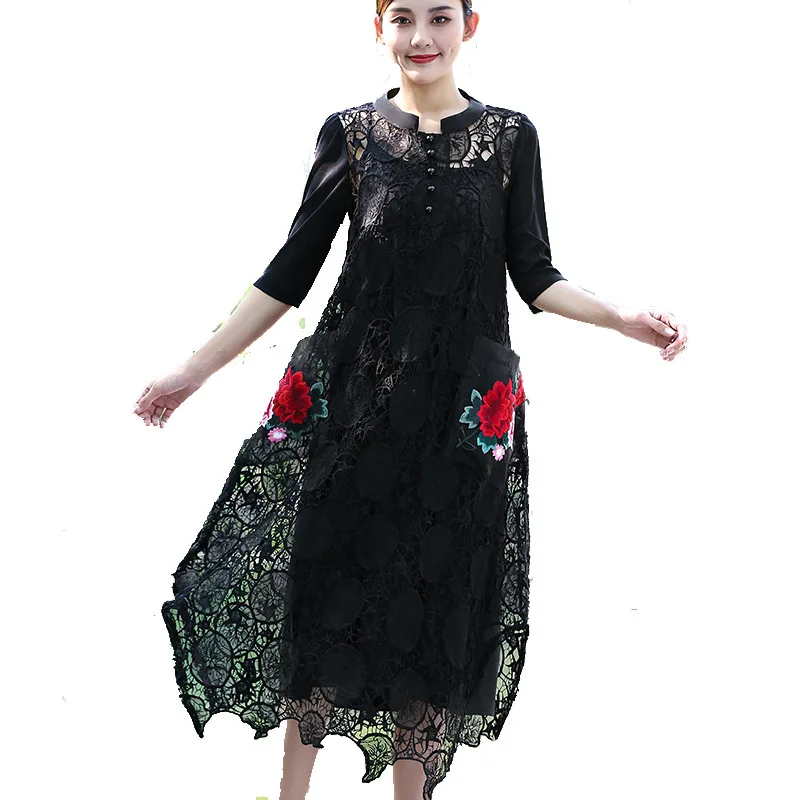 

2019 summer new women's dress ethnic style lace embroidery long 2-piece skirt stand collar 3 / 4 sleeves