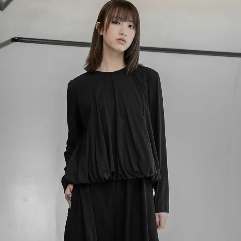 

XITAO Wrinkles Patchwork Casual T Shirt Women Trendy Fashion New Style Stand Collar Long Sleeve Pullover Solid Color Top ZY5754