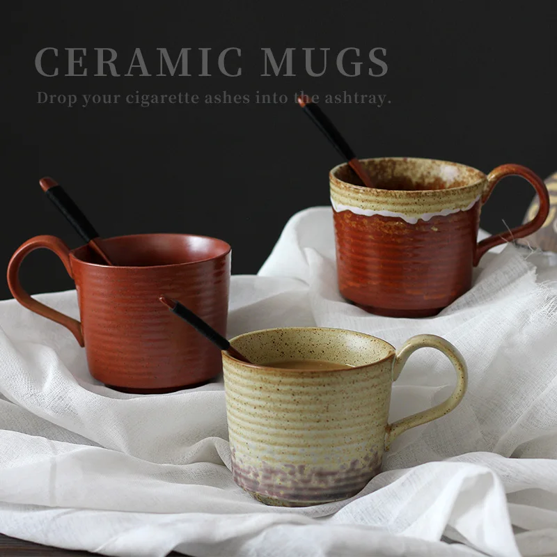 400 мл чашка для кофе ручной работы из грубой керамики с деревянной ложкой