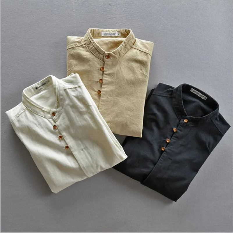 Весенняя рубашка с воротником-стойкой и длинными рукавами из хлопка льна цвет