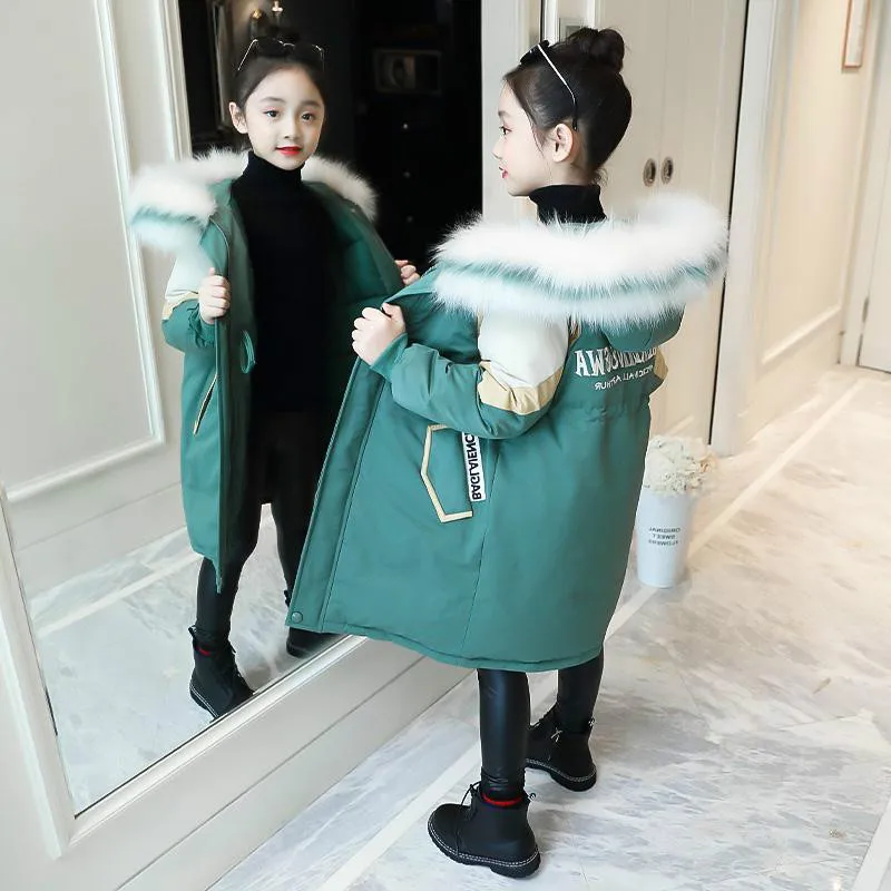

Winter Girls Cotton 2021 New Children Clothes Thickened Color Matching Girl Padded Jacket Thick Large Fur Collar Hooded Jacket