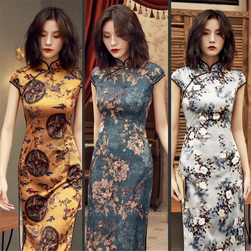 Chinese Traditional Dress Cheongsam Qipao Women Girls Party Wedding Fashion Vintage Retro Crane Floral Print Satin Short Dress