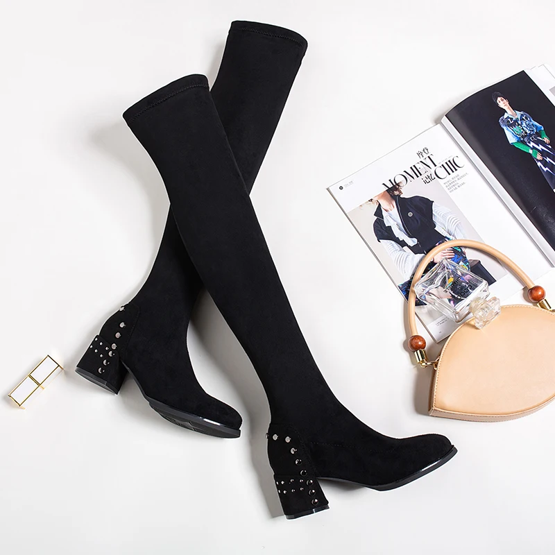 

Black Women's Sexy High Heel Boots Fashion Rivet Over The Knee Boots 2021 Winter Warm Socks Boot Goth Punk Shoes Long Tube Boots