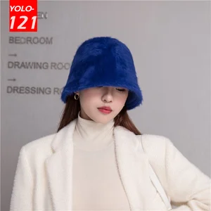 Winter Women's Solid Color Casual Face Small Bucket Hat Autumn and Winter Plush Warm Rabbit Fur Fisherman Bonnet
