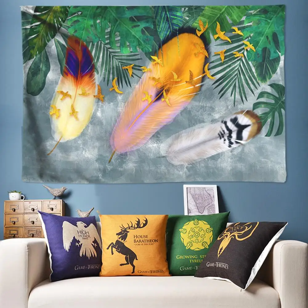 Boho Feather Tapestry Tropical Plant Wall Hanging Large Psychedelic Living Room Cloth Multi-function Tapestries | Дом и сад