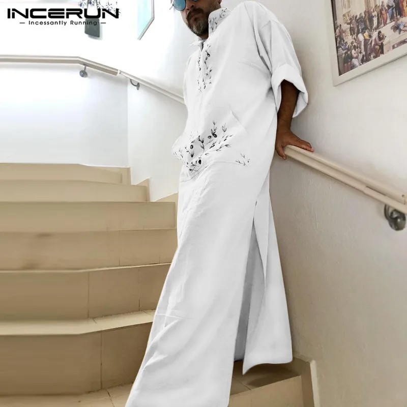 

Men Cotton Robes INCERUN Vintage Printed Robes Men Long Sleeve V Neck Jubba Thobe Leisure Big Pockets Islamic Dubai Clothing 5XL