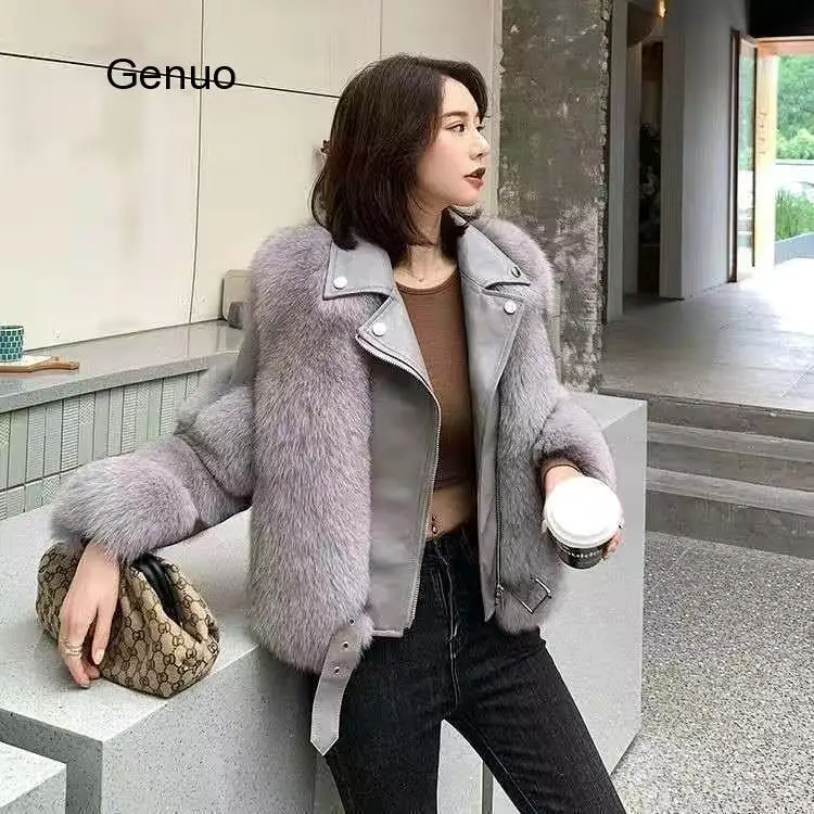 High Quality Furry Cropped Faux Fur and Leather Patchwork Jacket Women Short Coat Fake Fox Outwear Winter Overcoat | Женская одежда