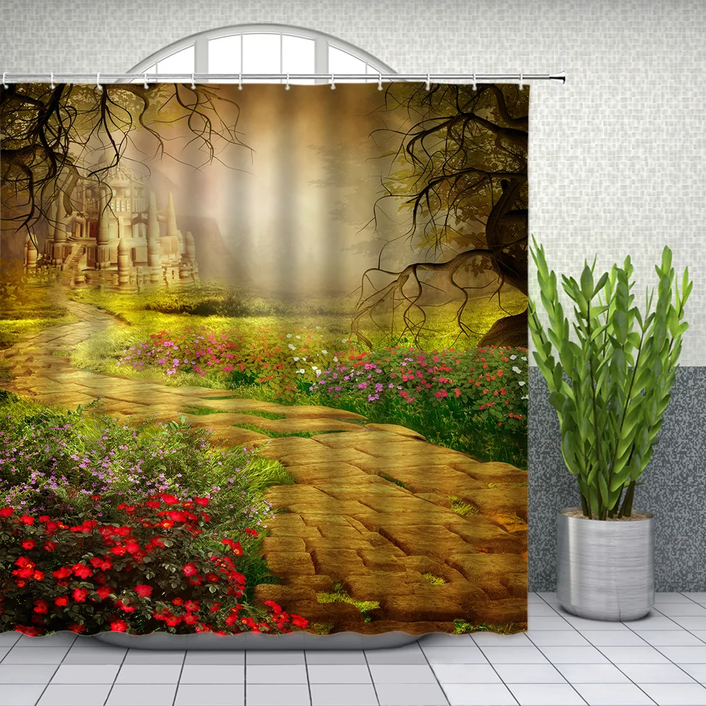 retro oil painting courtyard landscape shower curtains garden house bathroom decor waterproof polyester fabric curtain set free global shipping