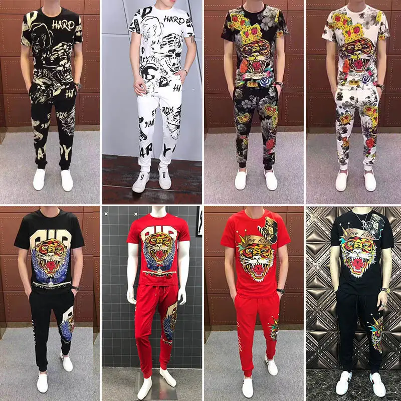 

Social Spirit Boys Couples Outfits Men's and Women's Summer Trend Tiger Head Hot Drill Short Sleeve Two-Piece Set