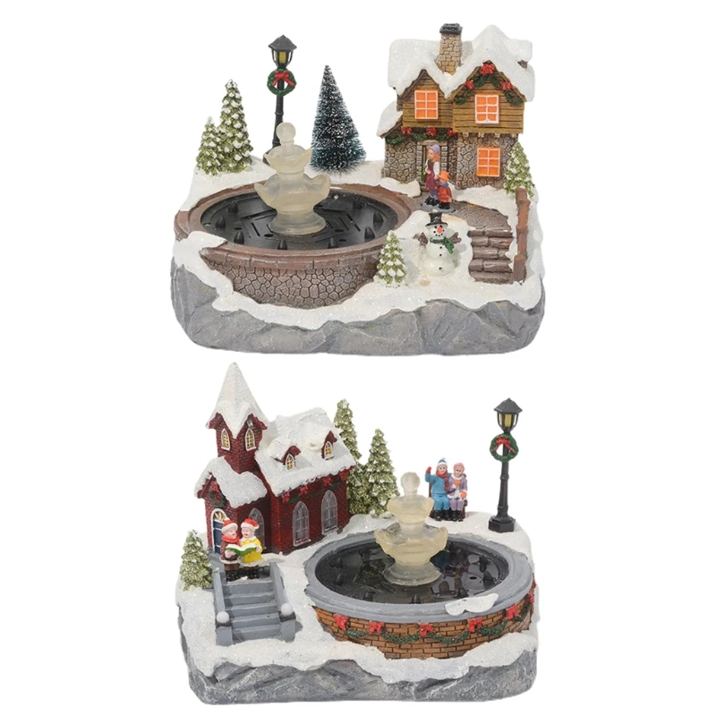 

Christmas Village Scene Ornament Colorful LED Lighted Resin Snow House Music Water Fountain Animated Statues Figurine