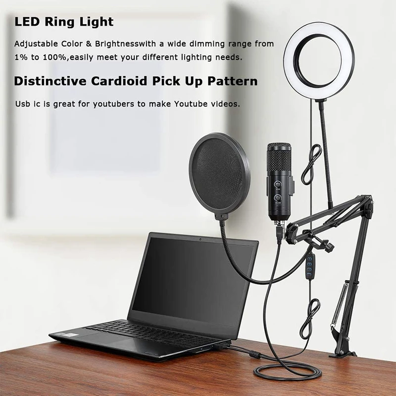 

USB Microphone for Computer with Selfie Ring Light,Condenser Computer Cardioid Mic for Podcast,Game,YouTube ,Stream,Etc
